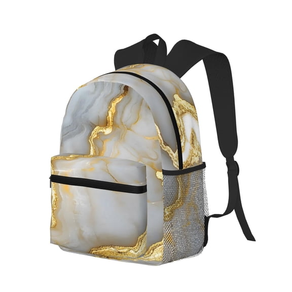 Casual Backpack Water Resistant Lightweight Daypack For Work Travel Hiking Camping Laptop Compartment & Side Mesh Pockets Marble White Yellow