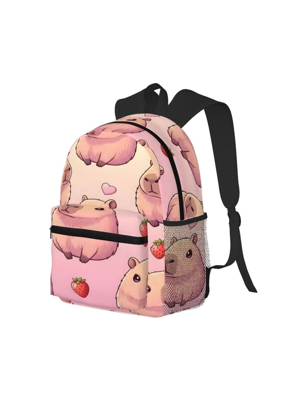 Casual Backpack Water Resistant Lightweight Daypack For Work Travel Hiking Camping Laptop Compartment & Side Mesh Pockets Pusheen Capybara Pattern 2