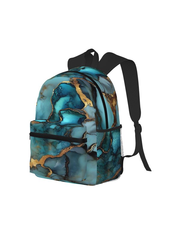 Casual Backpack Water Resistant Lightweight Daypack For Work Travel Hiking Camping Laptop Compartment & Side Mesh Pockets Teal Gold Marble