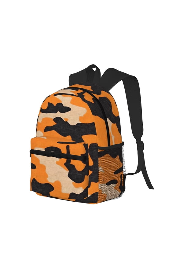 Casual Backpack Water Resistant Lightweight Daypack For Work Travel Hiking Camping Laptop Compartment & Side Mesh Pockets Texture Camo Army Orange_4