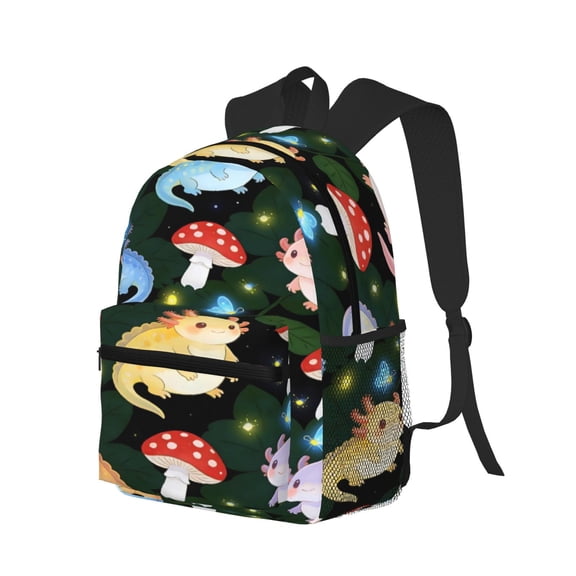 Casual Backpack Water Resistant Lightweight Daypack For Work Travel Hiking Camping Laptop Compartment & Side Mesh Pockets Axolotl And Mushroom Fireflies