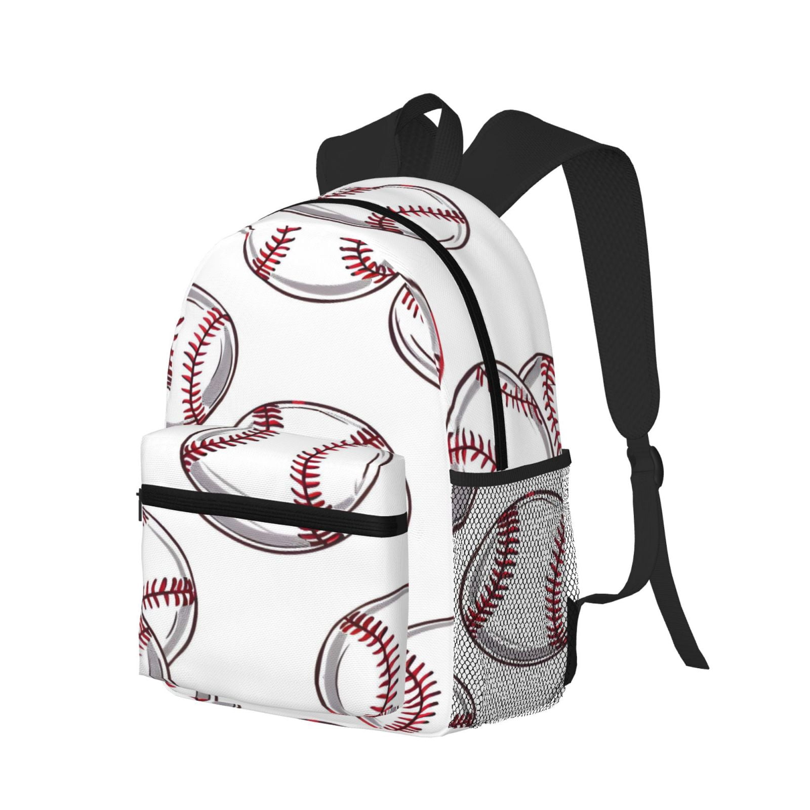 Casual Backpack Water Resistant Lightweight Daypack For Work Travel Hiking Camping Laptop Compartment & Side Mesh Pockets Baseball Theme Sporty Dynamic Style White Baseballs With Red Stitching