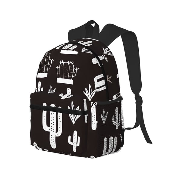 Casual Backpack Water Resistant Lightweight Daypack For Work Travel Hiking Camping Laptop Compartment & Side Mesh Pockets Black Background Of Cactus (2)