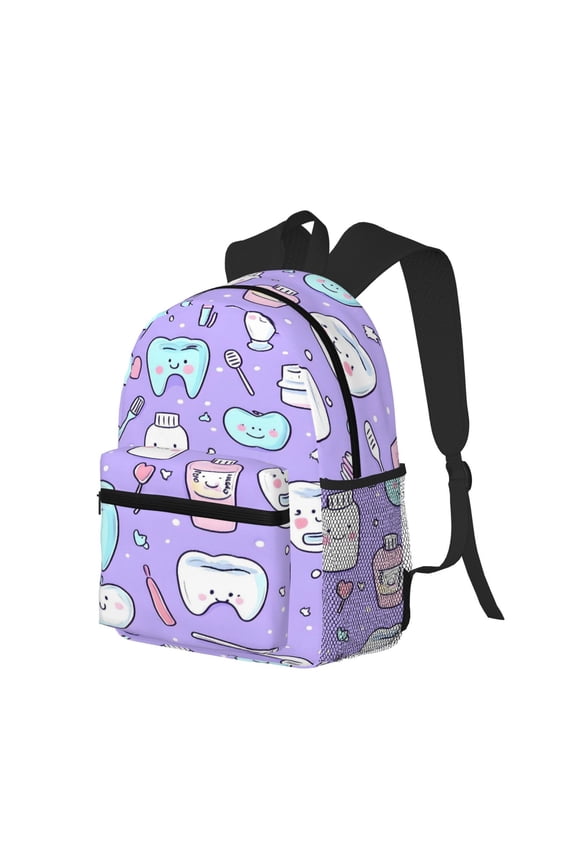 Casual Backpack Water Resistant Lightweight Daypack For Work Travel Hiking Camping Laptop Compartment & Side Mesh Pockets Cute Teeth And Objects Dental Care