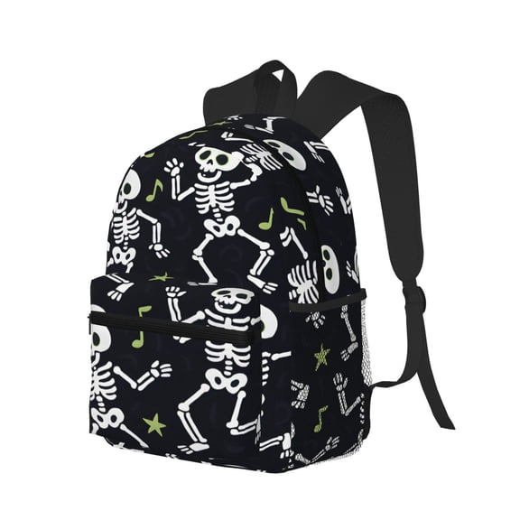Casual Backpack Water Resistant Lightweight Daypack For Work Travel Hiking Camping Laptop Compartment & Side Mesh Pockets Dancing Skeleton Halloween Pattern