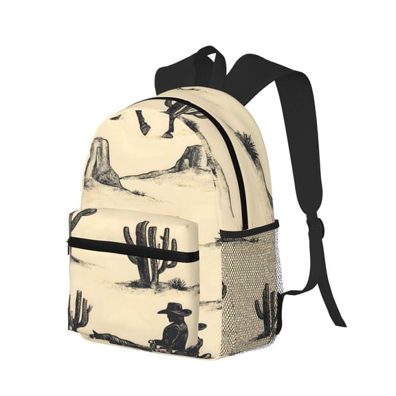 Casual Backpack Water Resistant Lightweight Daypack For Work Travel Hiking Camping Laptop Compartment & Side Mesh Pockets Desert Cowboy Riding A Cactus