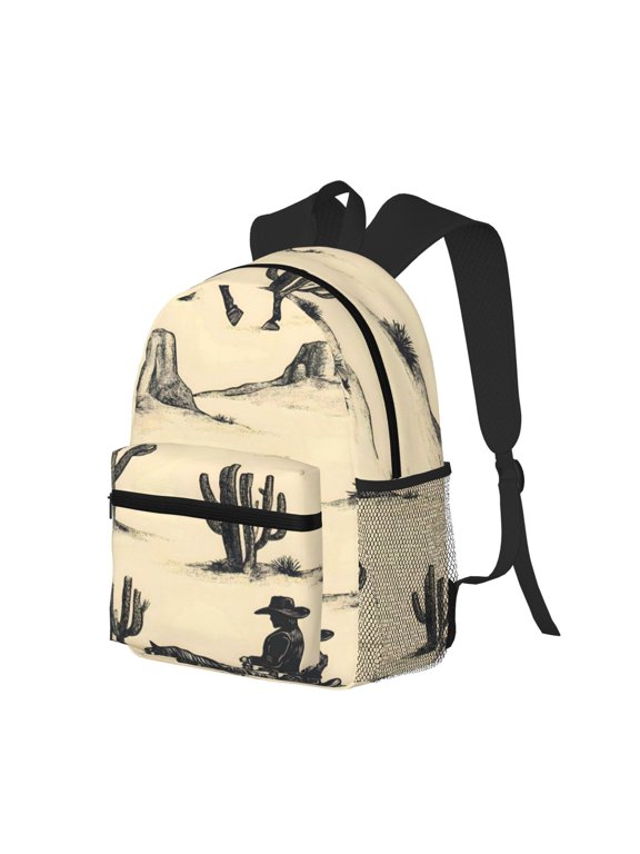 Casual Backpack Water Resistant Lightweight Daypack For Work Travel Hiking Camping Laptop Compartment & Side Mesh Pockets Desert Cowboy Riding A Cactus