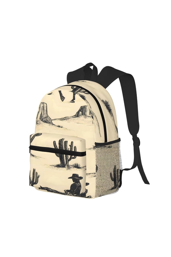 Casual Backpack Water Resistant Lightweight Daypack For Work Travel Hiking Camping Laptop Compartment & Side Mesh Pockets Desert Cowboy Riding A Cactus