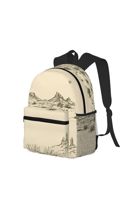 Casual Backpack Water Resistant Lightweight Daypack For Work Travel Hiking Camping Laptop Compartment & Side Mesh Pockets Desert Landscape Mountains Cacti Cowboy (1)