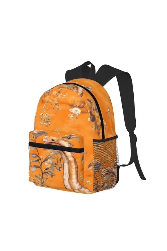 Casual Backpack Water Resistant Lightweight Daypack For Work Travel Hiking Camping Laptop Compartment & Side Mesh Pockets Dinosaur On A Yellow Background
