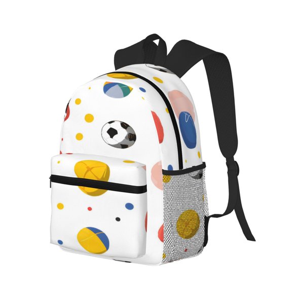 Casual Backpack Water Resistant Lightweight Daypack For Work Travel Hiking Camping Laptop Compartment & Side Mesh Pockets Geometric Sports Balls Bright Multicolor