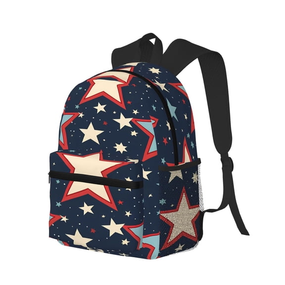 Casual Backpack Water Resistant Lightweight Daypack For Work Travel Hiking Camping Laptop Compartment & Side Mesh Pockets Independence Day Theme Elements Star (6)