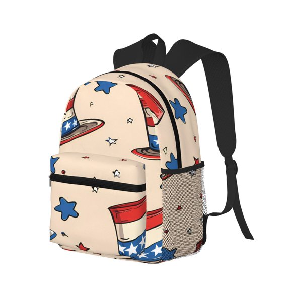 Casual Backpack Water Resistant Lightweight Daypack For Work Travel Hiking Camping Laptop Compartment & Side Mesh Pockets Independence Day Theme Elements Star (5)