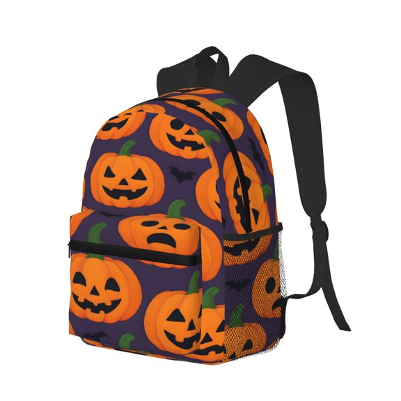 Casual Backpack Water Resistant Lightweight Daypack For Work Travel Hiking Camping Laptop Compartment & Side Mesh Pockets Jack-O'-Lantern Halloween Pattern