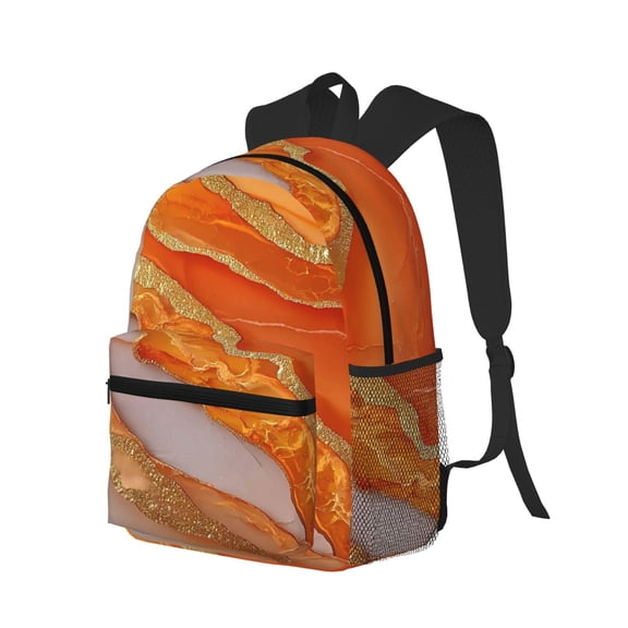 Casual Backpack Water Resistant Lightweight Daypack For Work Travel Hiking Camping Laptop Compartment & Side Mesh Pockets Orange And White-Gold Marble