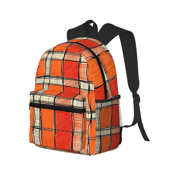 Casual Backpack Water Resistant Lightweight Daypack For Work Travel Hiking Camping Laptop Compartment & Side Mesh Pockets Orangered Houndstooth Checkered Hand-Drawn Sketch_3