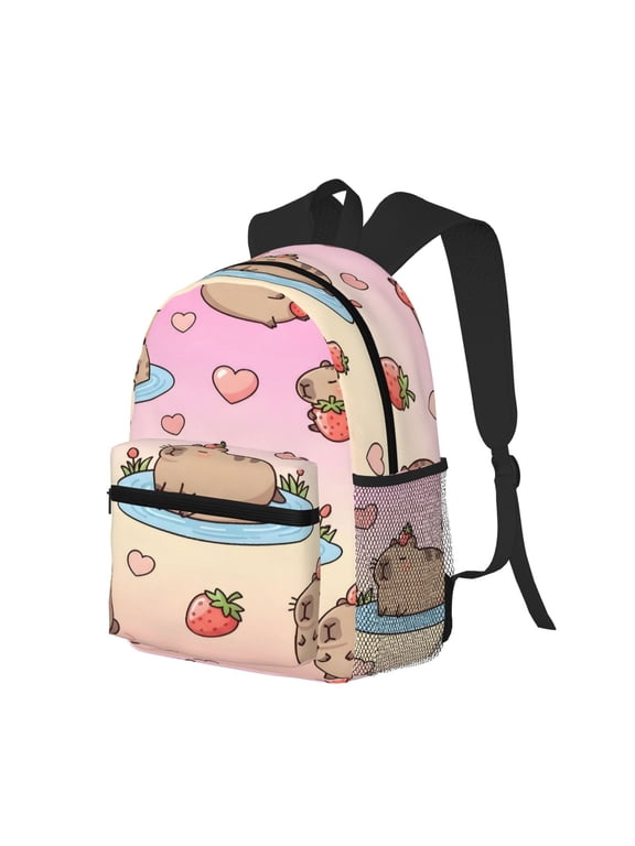 Casual Backpack Water Resistant Lightweight Daypack For Work Travel Hiking Camping Laptop Compartment & Side Mesh Pockets Pusheen Capybara Pattern (2)