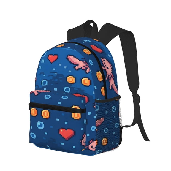 Casual Backpack Water Resistant Lightweight Daypack For Work Travel Hiking Camping Laptop Compartment & Side Mesh Pockets Retro Pixel Axolotls - 8-Bit Nostalgia