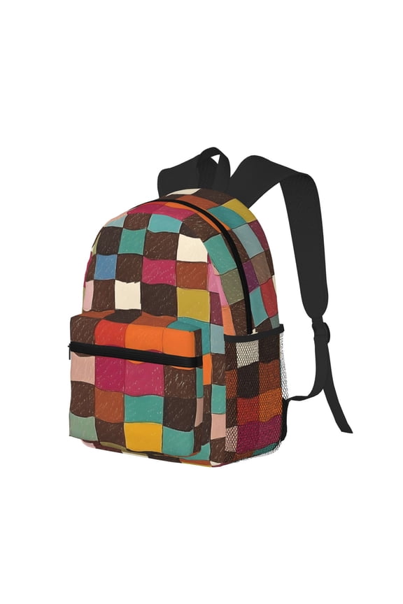Casual Backpack Water Resistant Lightweight Daypack For Work Travel Hiking Camping Laptop Compartment & Side Mesh Pockets Saddlebrown Colorful Houndstooth Hand-Drawn Sketch_4