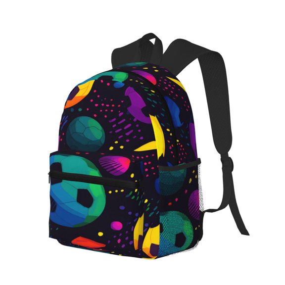 Casual Backpack Water Resistant Lightweight Daypack For Work Travel Hiking Camping Laptop Compartment & Side Mesh Pockets Seamless Pattern, Soccer Balls