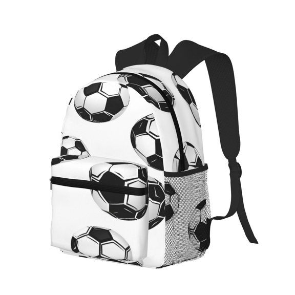 Casual Backpack Water Resistant Lightweight Daypack For Work Travel Hiking Camping Laptop Compartment & Side Mesh Pockets Soccer Football Theme Sporty Dynamic Style Soccer Balls