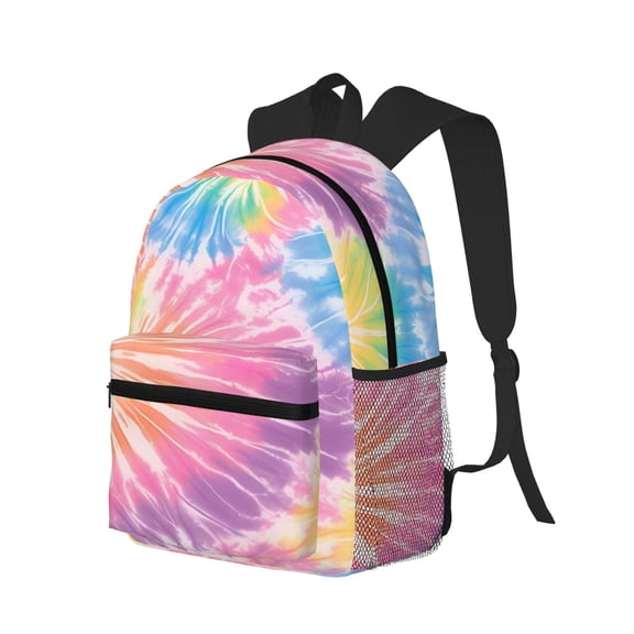 Casual Backpack Water Resistant Lightweight Daypack For Work Travel Hiking Camping Laptop Compartment & Side Mesh Pockets Tie-Dye Pattern Rainbow Colors Tie-Dye Background_2
