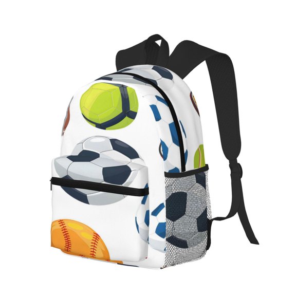 Casual Backpack Water Resistant Lightweight Daypack For Work Travel Hiking Camping Laptop Compartment & Side Mesh Pockets Various Sports Balls Colorful Vibrant White Background (4)