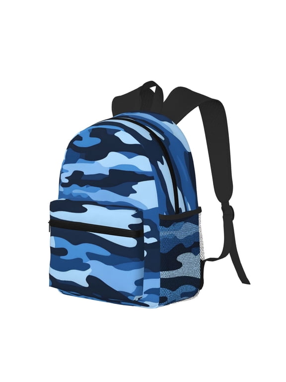 Casual Backpack Water Resistant Lightweight Daypack For Work Travel Hiking Camping Laptop Compartment & Side Mesh Pockets Vector Camouflage Pattern Blue_1