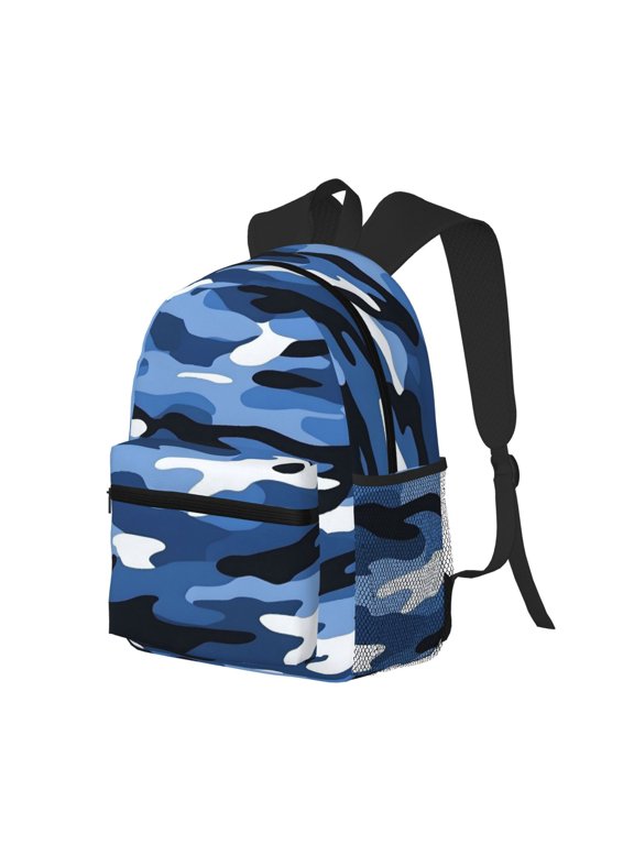 Casual Backpack Water Resistant Lightweight Daypack For Work Travel Hiking Camping Laptop Compartment & Side Mesh Pockets Vector Camouflage Pattern Blue_2