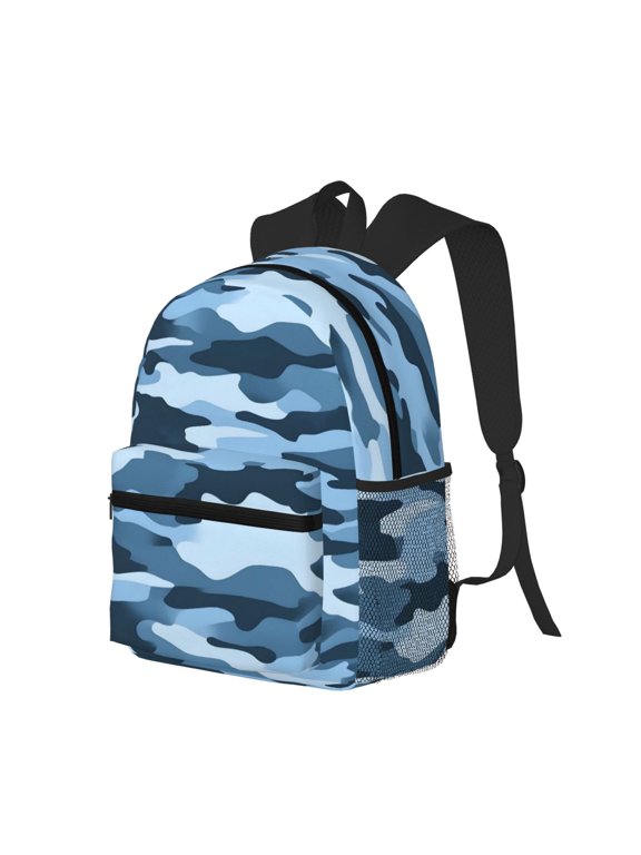 Casual Backpack Water Resistant Lightweight Daypack For Work Travel Hiking Camping Laptop Compartment & Side Mesh Pockets Vector Camouflage Pattern Blue_3