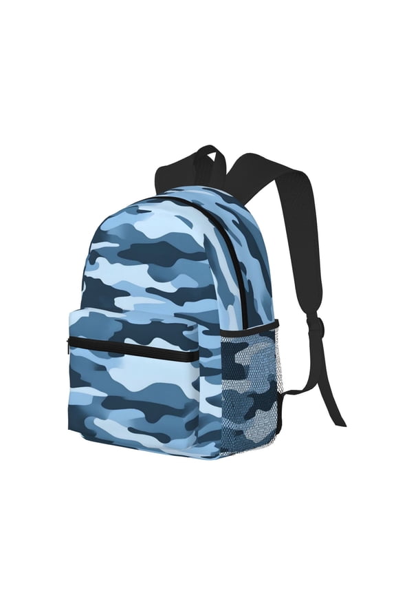 Casual Backpack Water Resistant Lightweight Daypack For Work Travel Hiking Camping Laptop Compartment & Side Mesh Pockets Vector Camouflage Pattern Blue_3