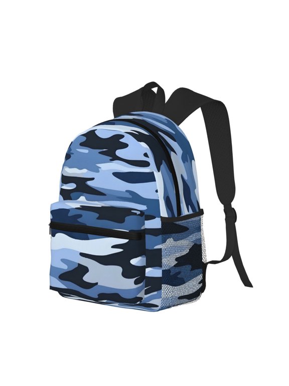Casual Backpack Water Resistant Lightweight Daypack For Work Travel Hiking Camping Laptop Compartment & Side Mesh Pockets Vector Camouflage Pattern Blue_4