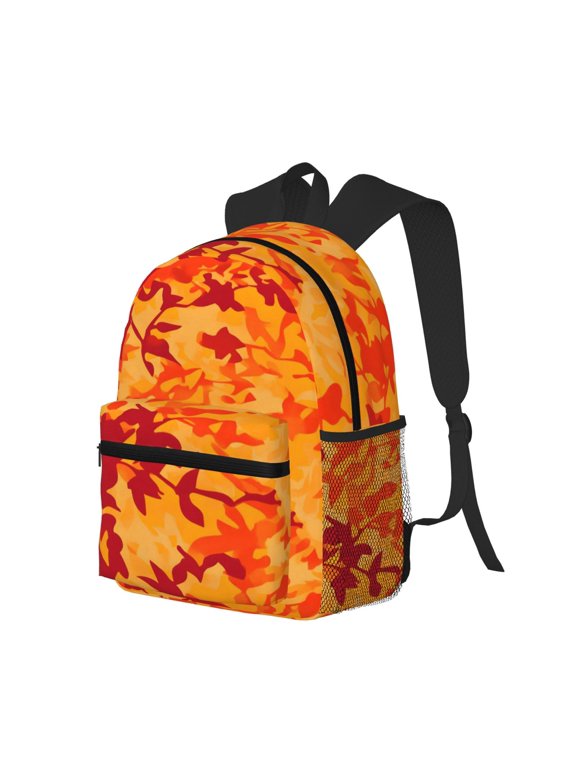 Casual Backpack Water Resistant Lightweight Daypack For Work Travel Hiking Camping Laptop Compartment & Side Mesh Pockets Vector Camouflage Pattern Orange Red_3