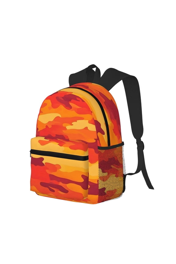 Casual Backpack Water Resistant Lightweight Daypack For Work Travel Hiking Camping Laptop Compartment & Side Mesh Pockets Vector Camouflage Pattern Orange Red_4