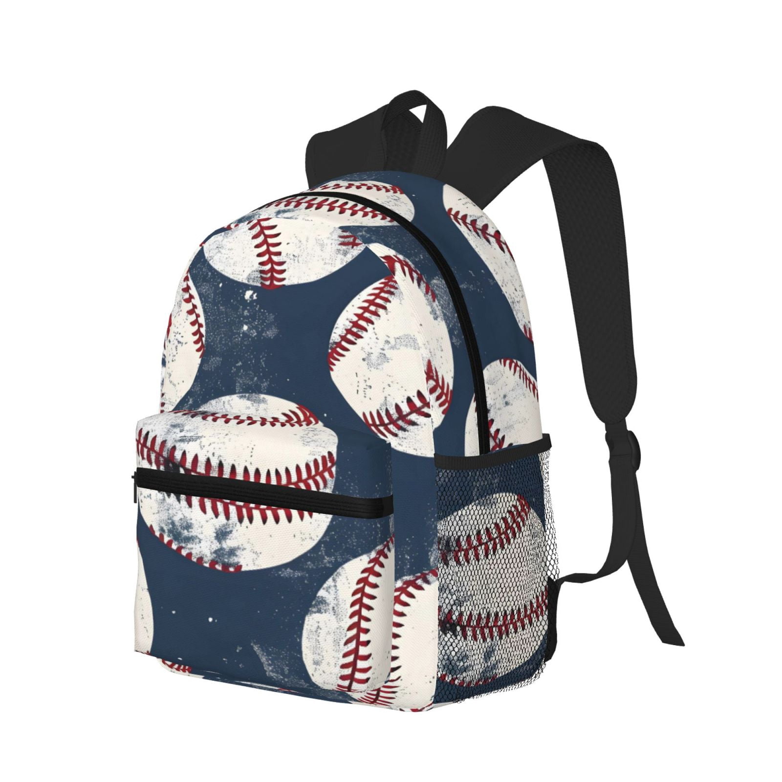 Casual Backpack Water Resistant Lightweight Daypack For Work Travel Hiking Camping Laptop Compartment & Side Mesh Pockets Vintage Baseball Theme Retro Sport Style Worn Leather Baseballs