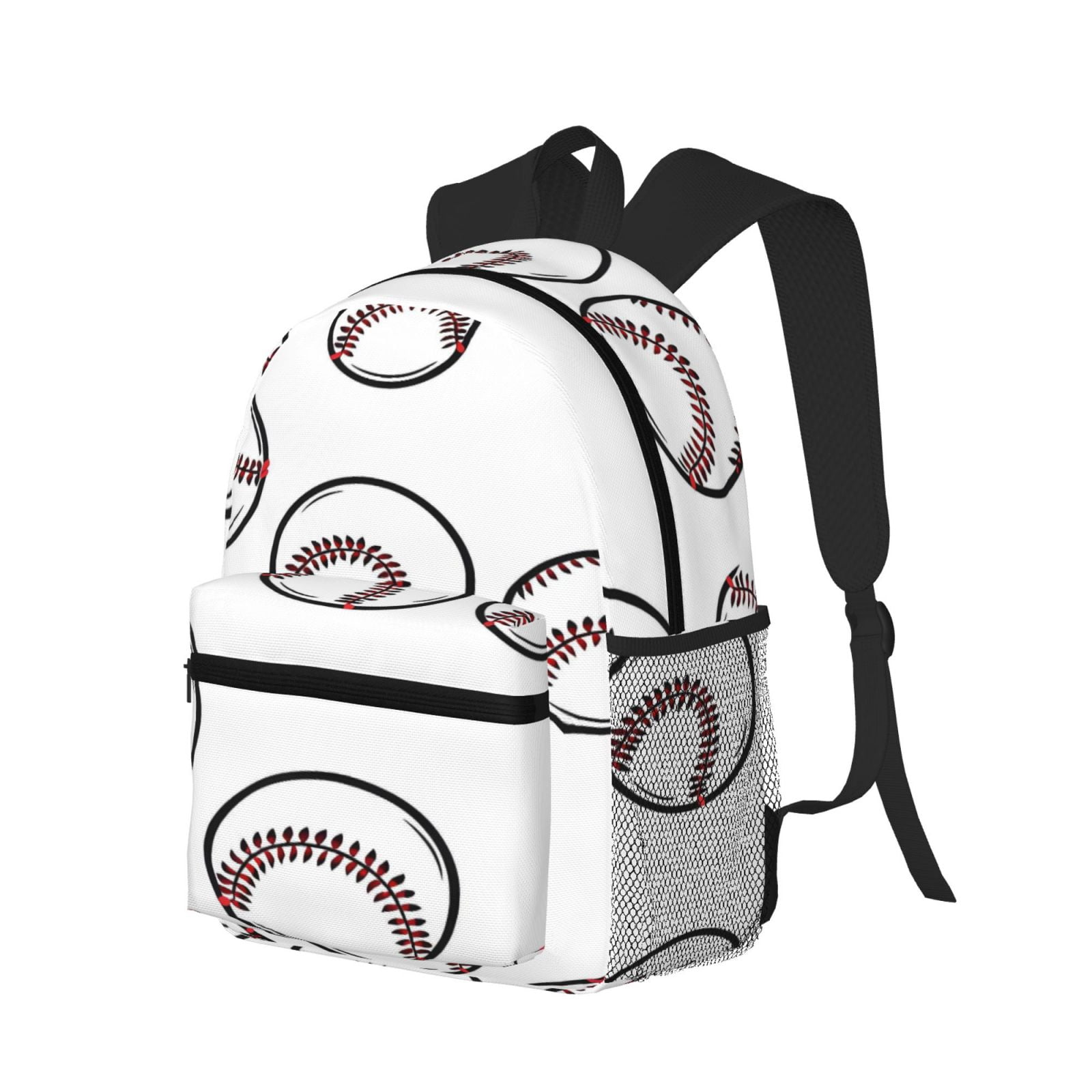 Casual Backpack Water Resistant Lightweight Daypack For Work Travel Hiking Camping Laptop Compartment & Side Mesh Pockets White Baseballs With Classic Red Stitching