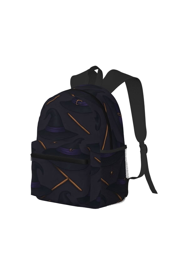 Casual Backpack Water Resistant Lightweight Daypack For Work Travel Hiking Camping Laptop Compartment & Side Mesh Pockets Witch Hat And Broomstick Halloween Pattern