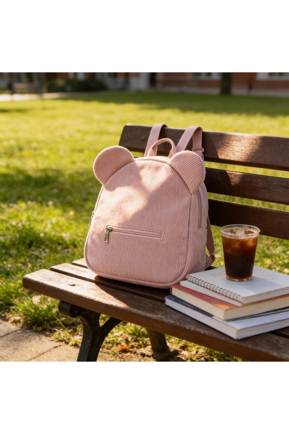 Casual Backpack with Cute Bear Ears, Durable Corduroy Material, Comfortable Straps, and Multiple Pockets for Everyday Use