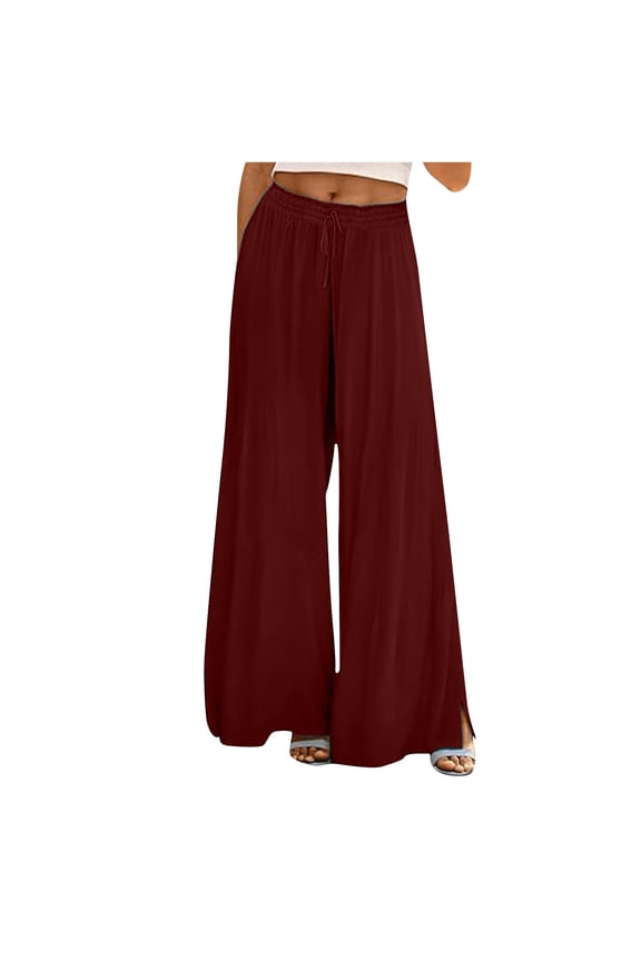 Casual Baggy Pants for Women Wide Leg Loose Palazzo Pants with Pocket Drawstring Elastic Waist Side Slit Lounge Trousers, Wine, S