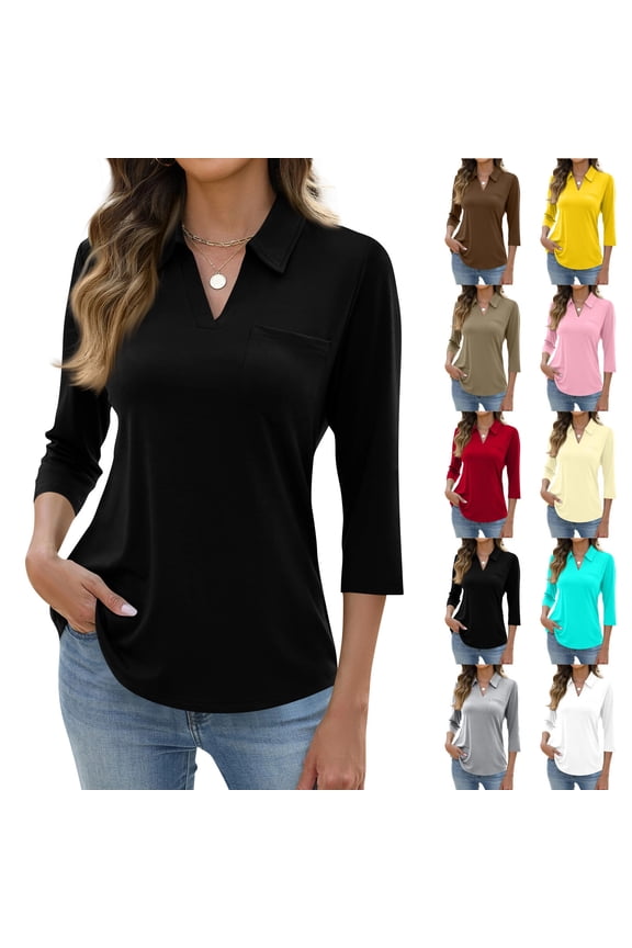 Casual Basic Tees for Women 3/4 Length Sleeve V Neck Collared Polo Shirts Front Pocket Blouses Business Work Tops, #01 Black M