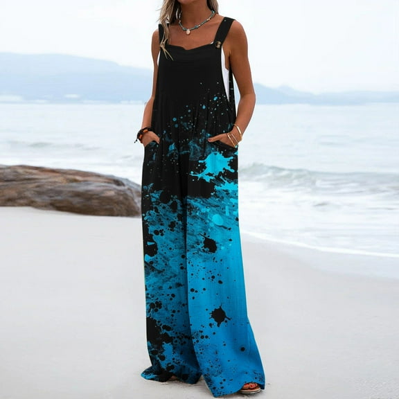 Casual Bib Jumpsuit for Women Loose Adjustable Strap Graphic Print Jumper Ruched Long Pant One Piece Pocket Overalls, Blue, L