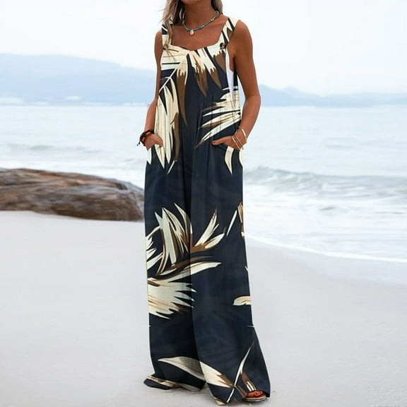 Casual Bib Jumpsuit for Women Loose Adjustable Strap Leaves Print Jumper Ruched Long Pant One Piece Pocket Overalls, Black, XXL