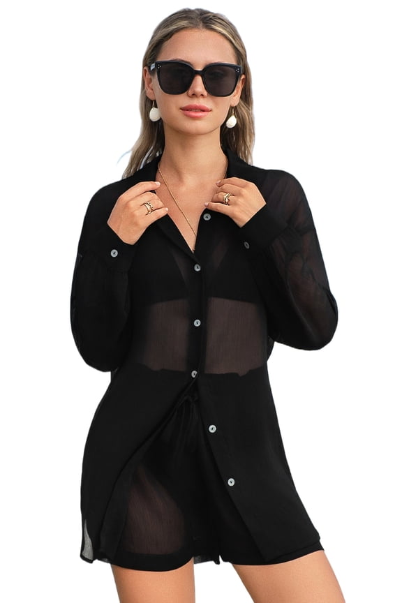 Casual Black 2-Piece Sheer Tunic and Shorts for Women's Beach Vacations | L