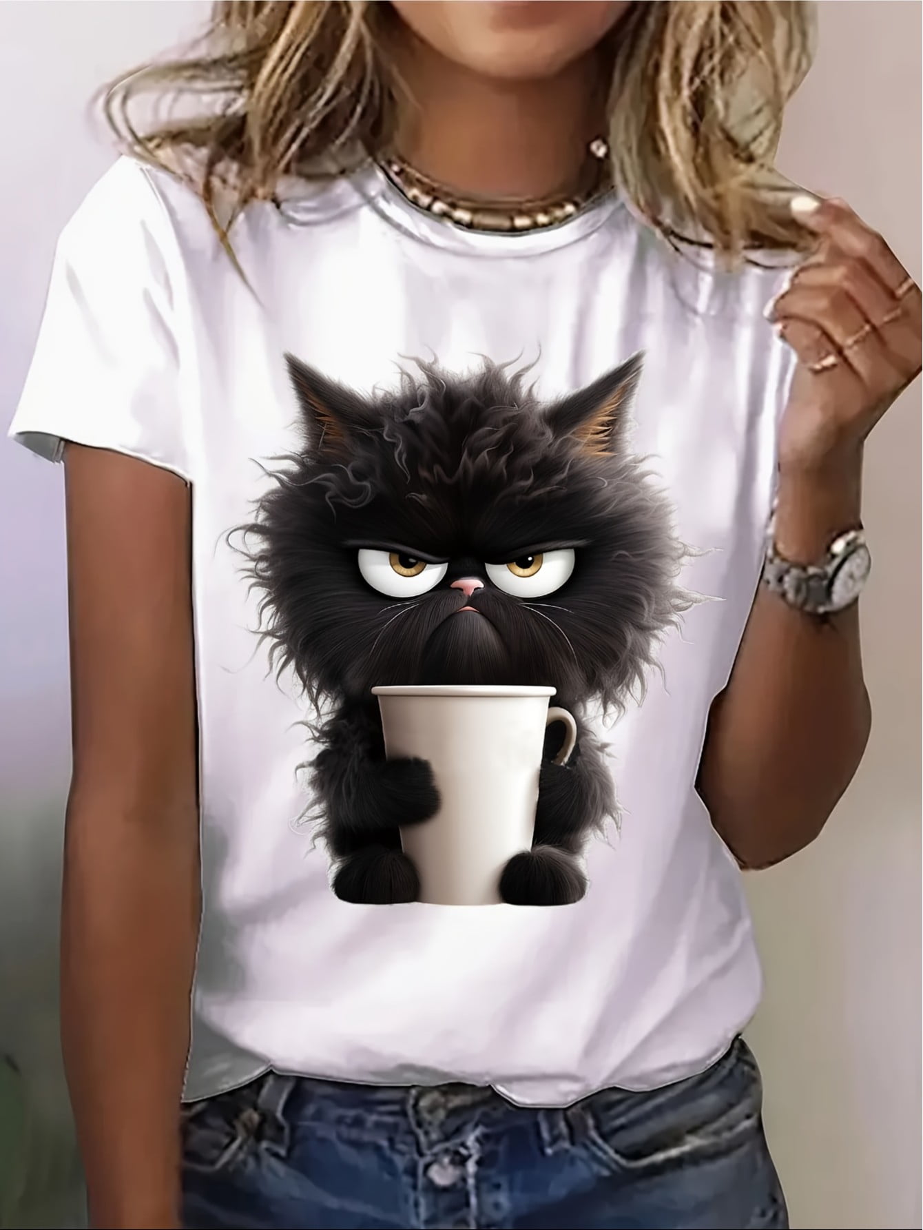 [Casual Black Cat Print T-Shirt] Women'S Casual Crew Neck T-Shirt with ...