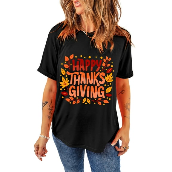 Casual Black Graphic Tee with Thanksgiving Leaves Print - Round Neck | [ZhiHiMeRi] | (US24-26)3XL