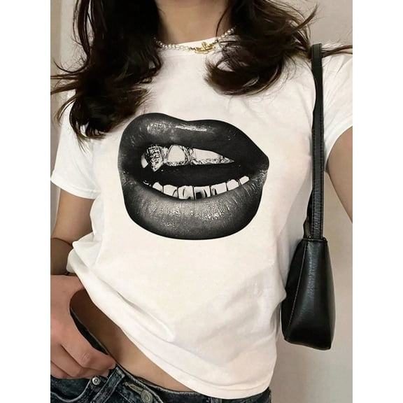 Casual Black Lips Pattern White Round Neck Short Sleeve Slim Fit Women's T-Shirt, Suitable For Summer Back To School