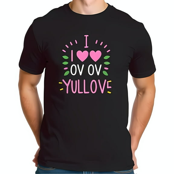 Casual Black Short-Sleeved T-Shirt with Playful Hearts & Whimsical 'I OV OV YULLOVE' Design