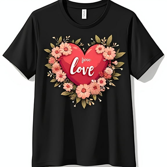 Casual Black T-Shirt with Red Heart & Floral Design Love Graphic Tee