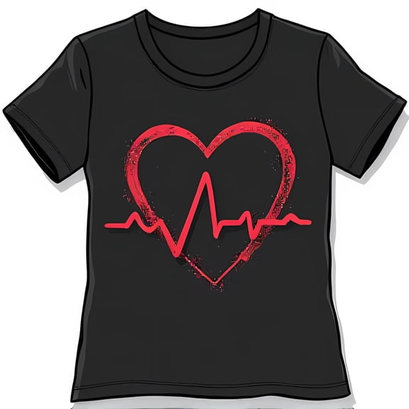 Casual Black T-Shirt with Red Heart and Heartbeat Graphic Love & Life Design