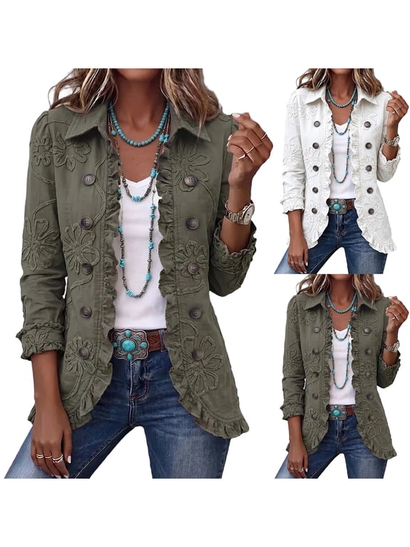 Casual Blazer Outwear for Women Lapel Collar Floral Embroidery Ruffle Edge Long Sleeve Solid Vintage Coat for Daily Wear White M